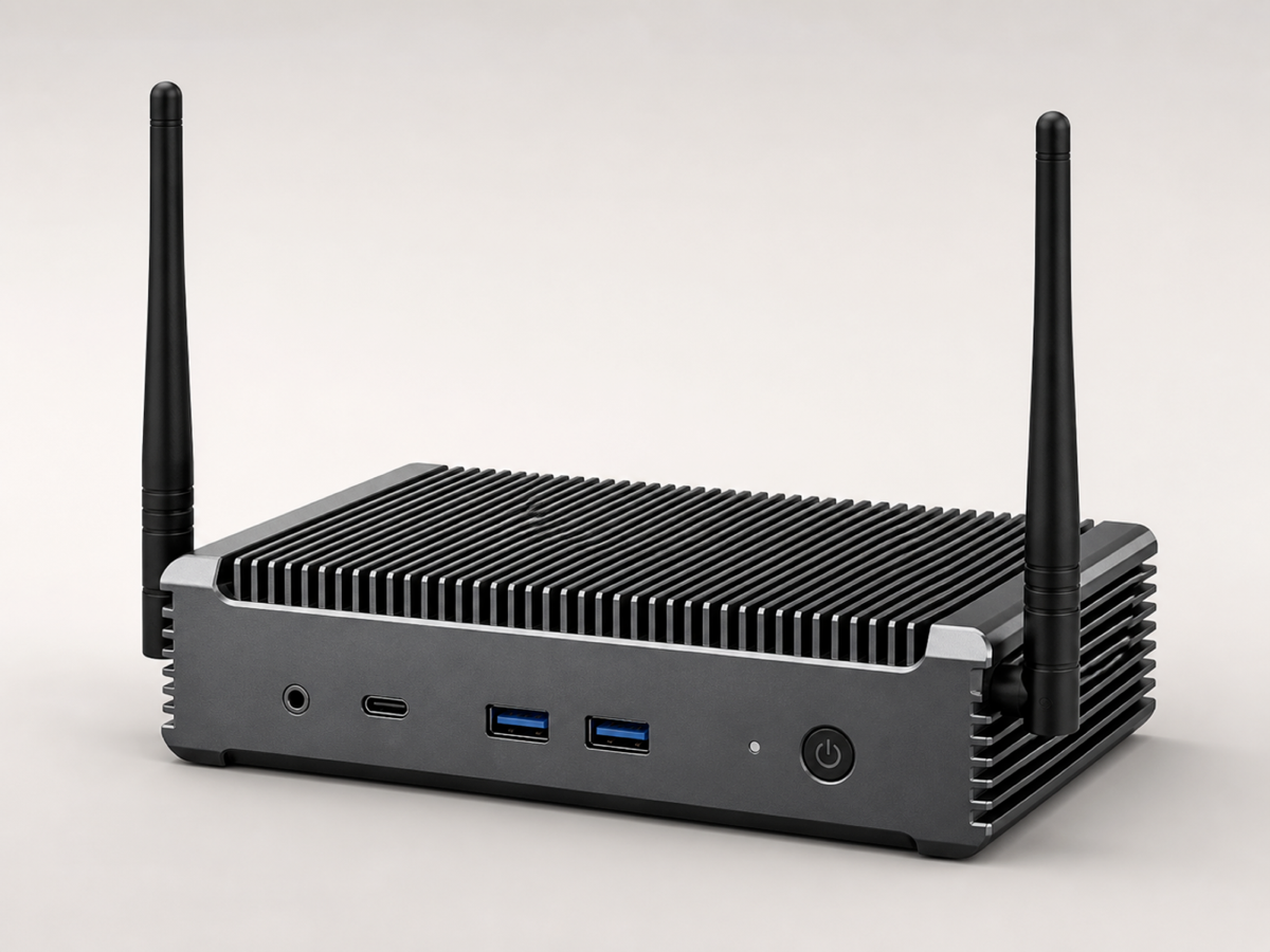 The OpenAccessBridge appliance: a fanless mini-PC with two aerials, front-panel USB, USB-C and audio ports.